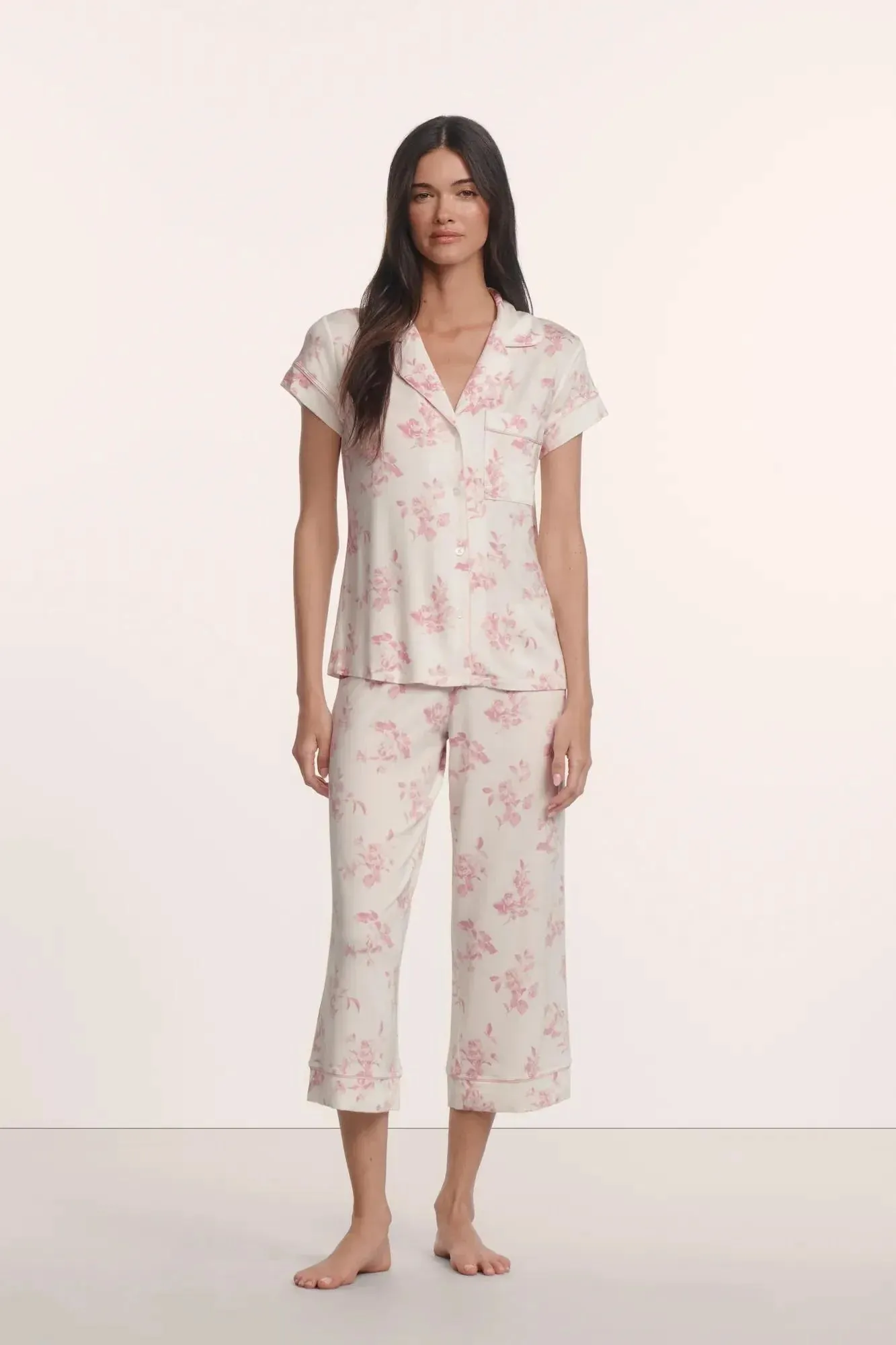Eberjey - Gisele Printed Short Sleeve Cropped PJ Set - Rose Garden Cameo Pink/Pale Pink sold by Jessie Boutique