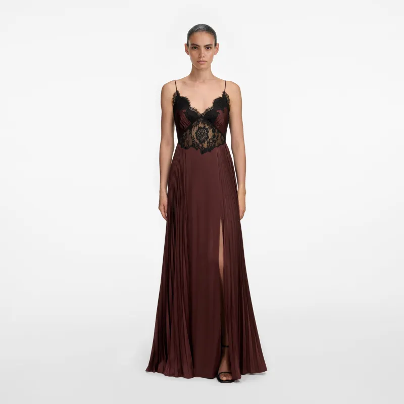 Self-portrait - Satin Lace Insert Maxi Dress - Brown made by Self-Portrait