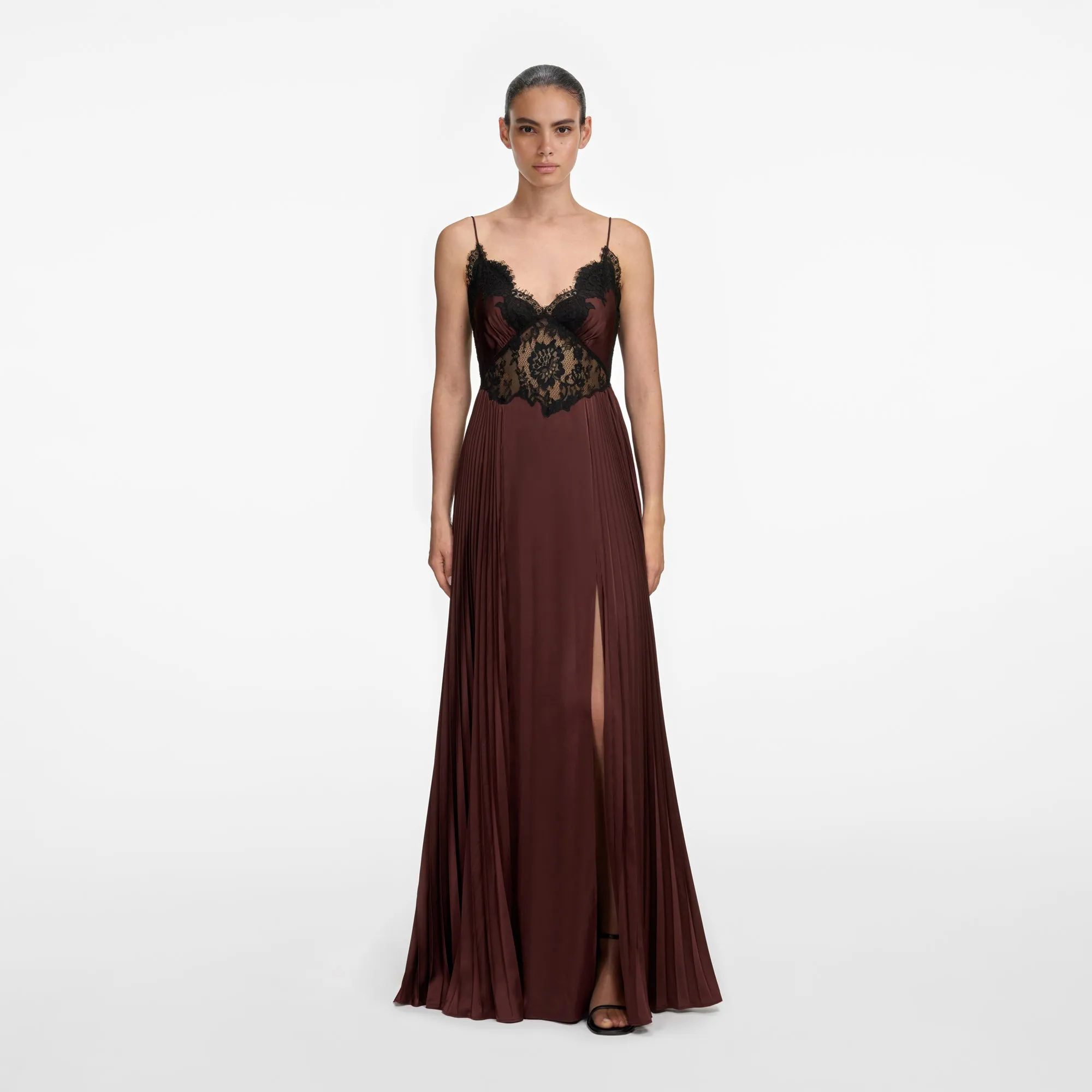 Self-portrait - Satin Lace Insert Maxi Dress - Brown sold by Jessie Boutique