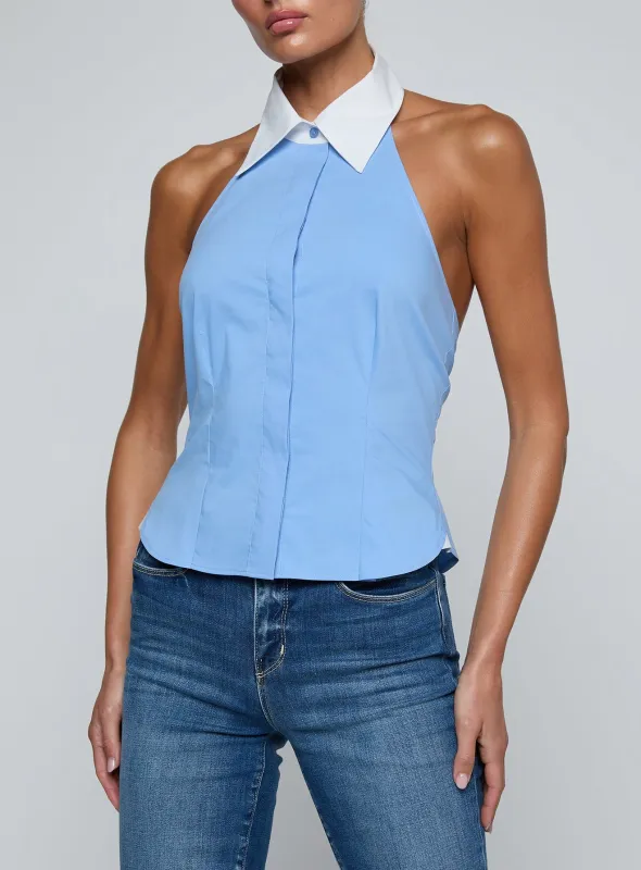 L’agence - Rina Poplin Halter Top - Vista Blue/White made by L'AGENCE
