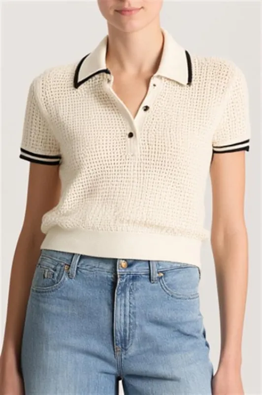 Alice + Olivia - Martha Pointelle Polo - Soft White/Black made by Alice + Olivia