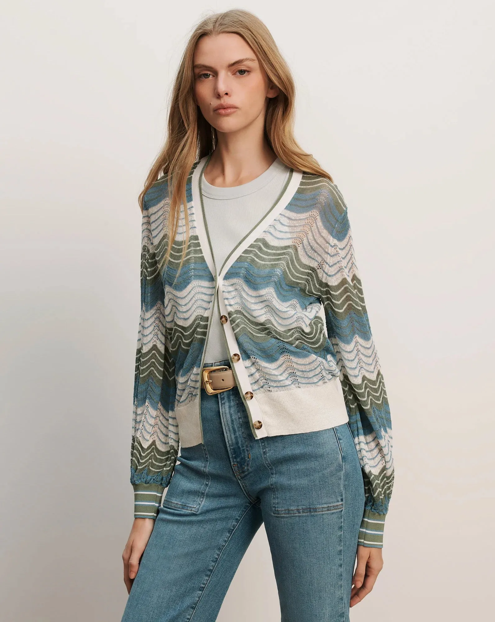 Veronica Beard - Laurinor Linen-Blend Cardigan - Dove White/Sage/Blue River sold by Jessie Boutique