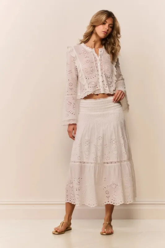 LoveShackFancy - Mallow Cotton Bandana Eyelet Midi Skirt - White made by LoveShackFancy