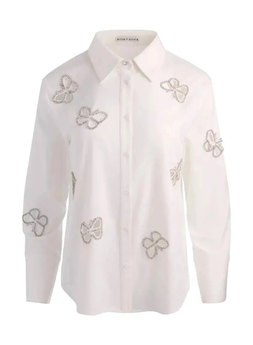 Alice + Olivia - Finely Embellished Oversized Button Down - Off White sold by Jessie Boutique