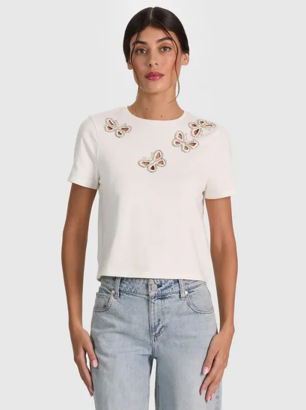 Alice + Olivia - Cindy Embellished Cutout Tee - Off white/Silver Crystal made by Alice + Olivia