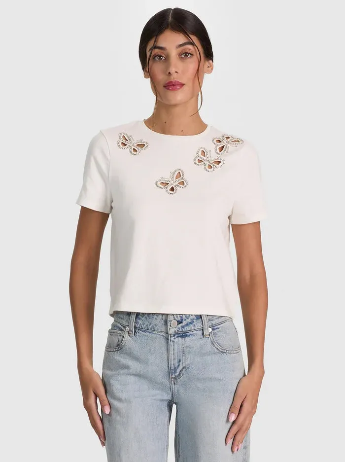 Alice + Olivia - Cindy Embellished Cutout Tee - Off white/Silver Crystal sold by Jessie Boutique