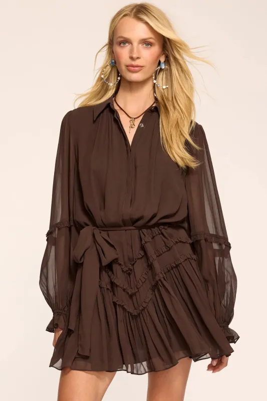 Ramy Brook - Maya Silk Ruffled Long Sleeve Dress - Heritage Brown made by Ramy Brook