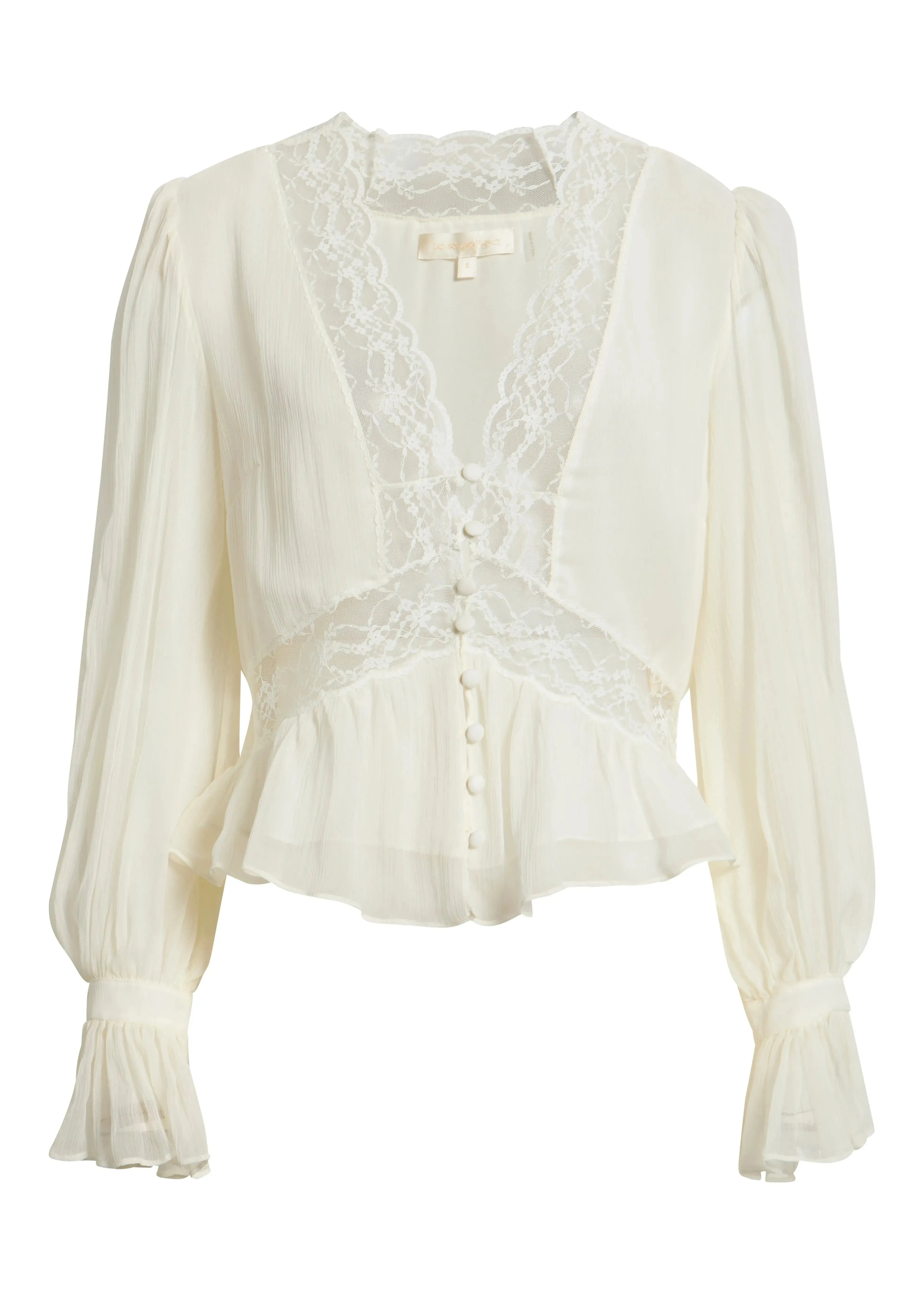 LoveShackFancy - Thessira Lace Trim Ruffle Silk Top - Pale Stone sold by Jessie Boutique