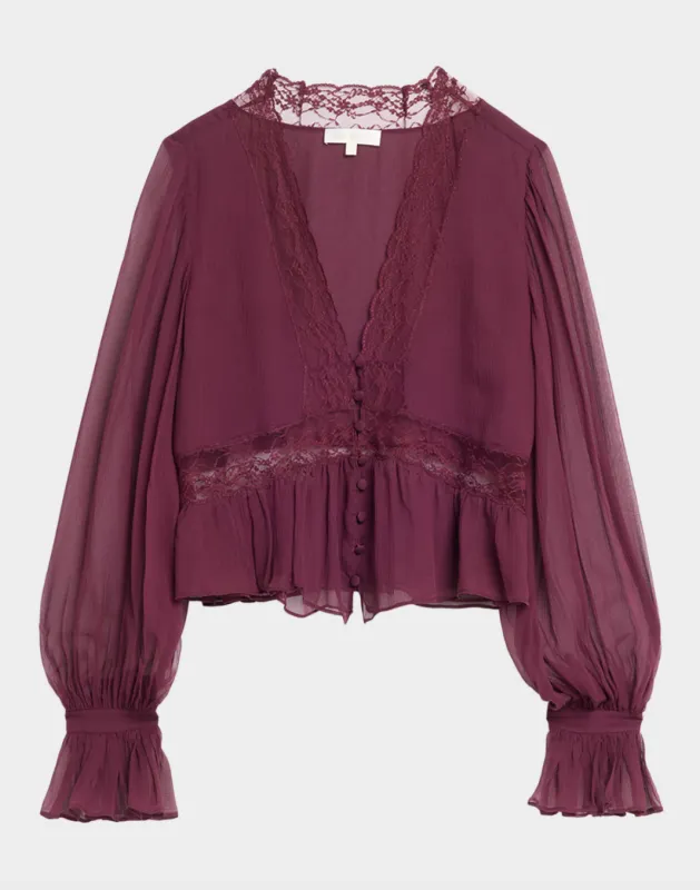 LoveShackFancy - Thessira Lace Trim Ruffle Silk Top - Faded Merlot made by LoveShackFancy
