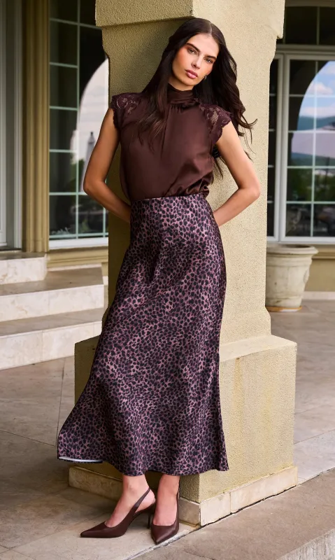 Generation Love - Katrine Leopard Satin Skirt - Muted Leo Brown/Black made by Generation Love