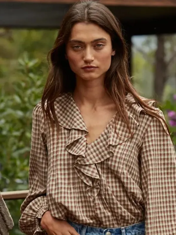 Mocha Plaid Blouse sold by Kins Collective