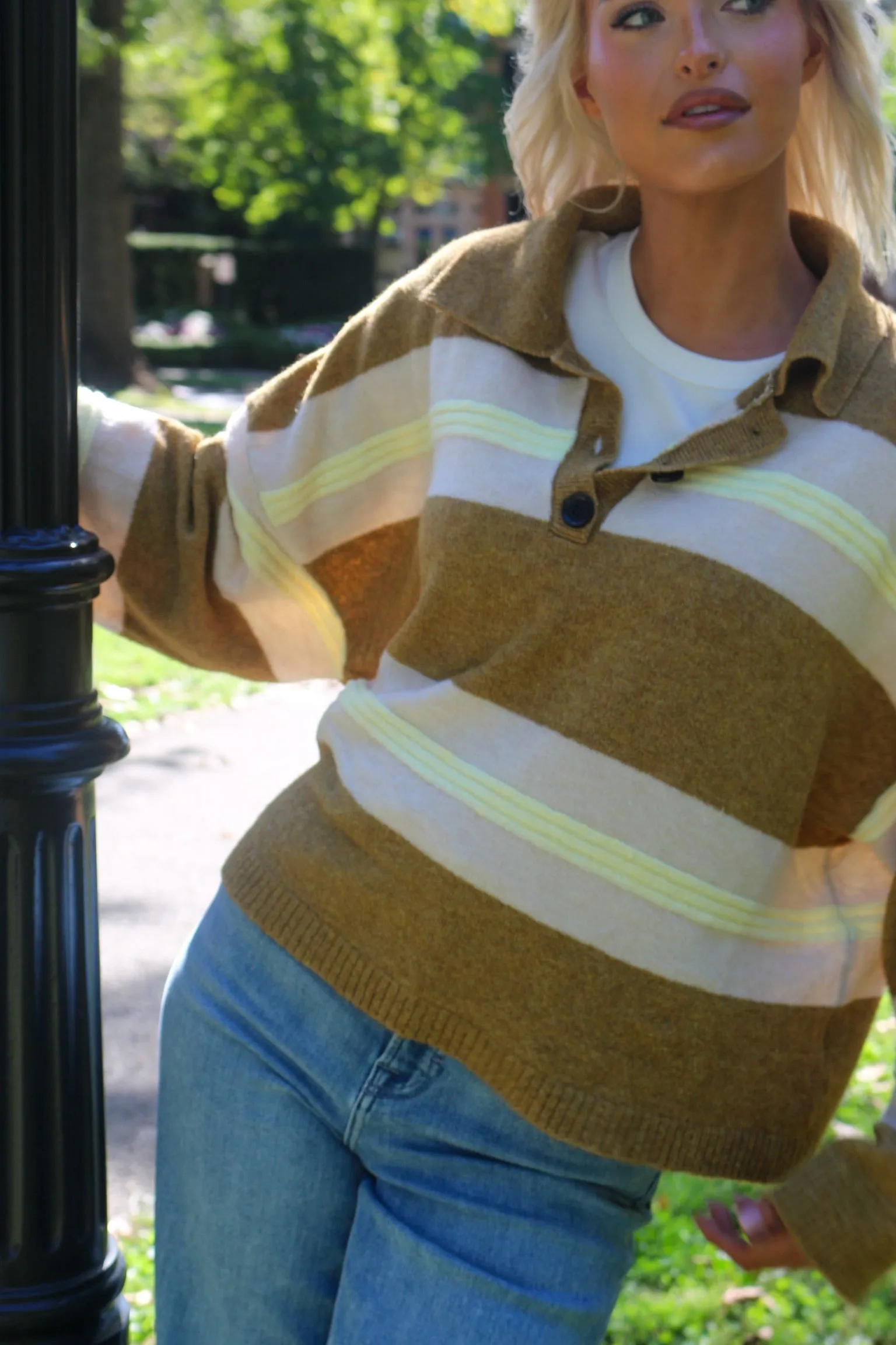 Camden Stripe Bronze Polo sold by Kins Collective