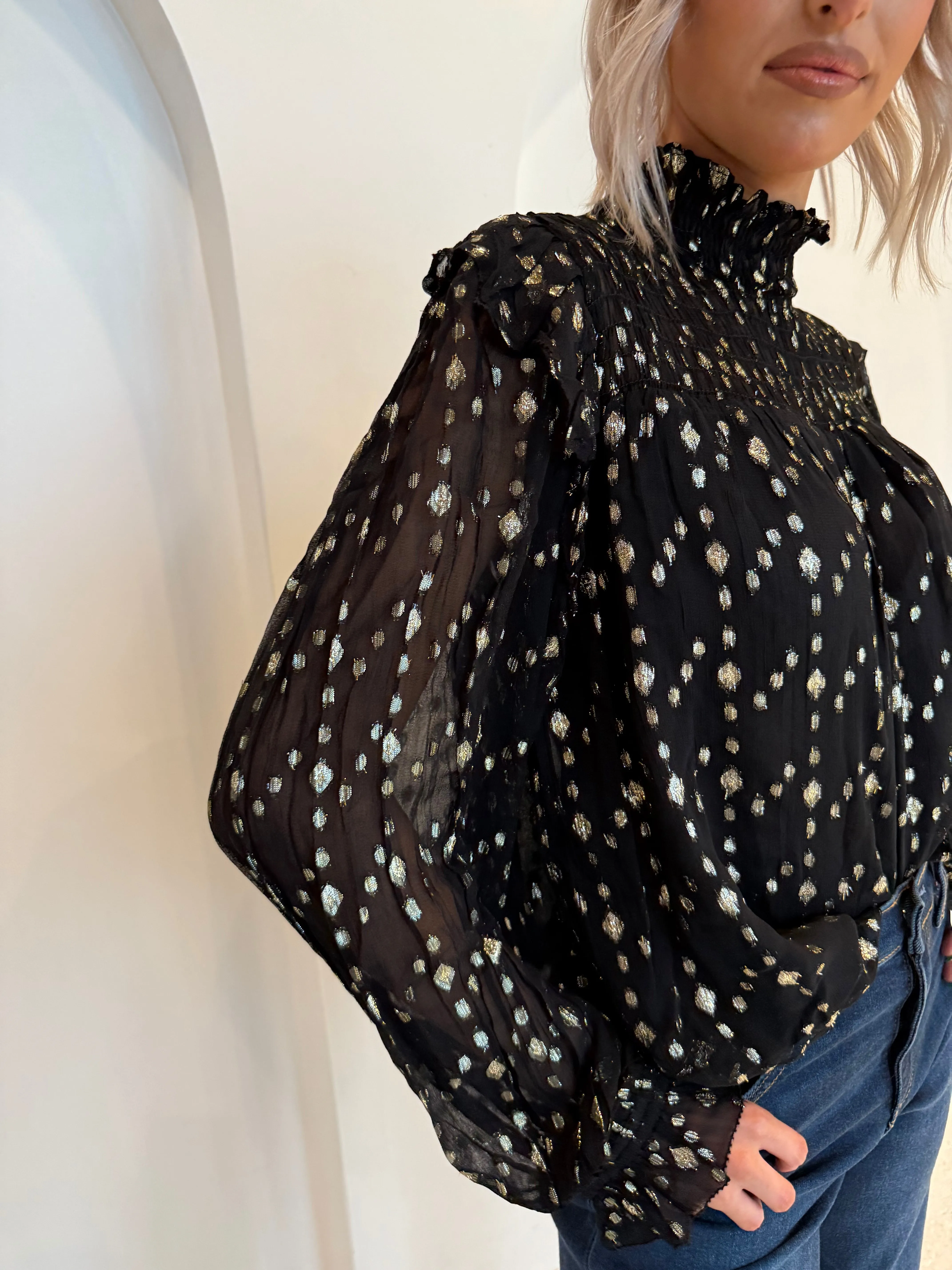 Noelle Metallic Blouse sold by Kins Collective