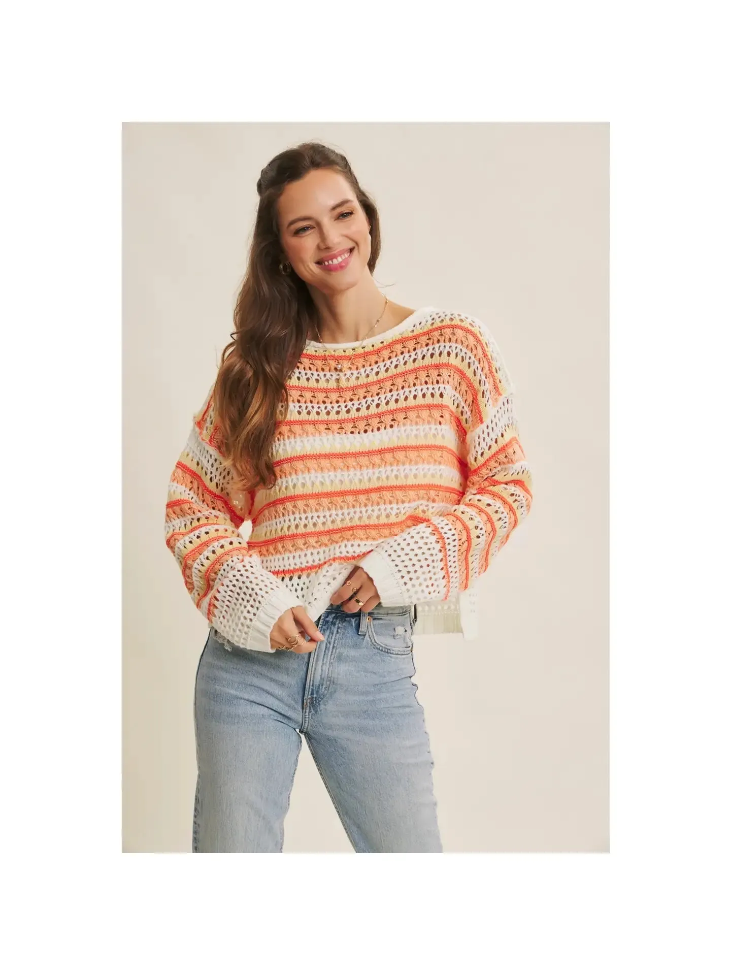 Vibrant Crochet Stripe Pullover sold by Kins Collective
