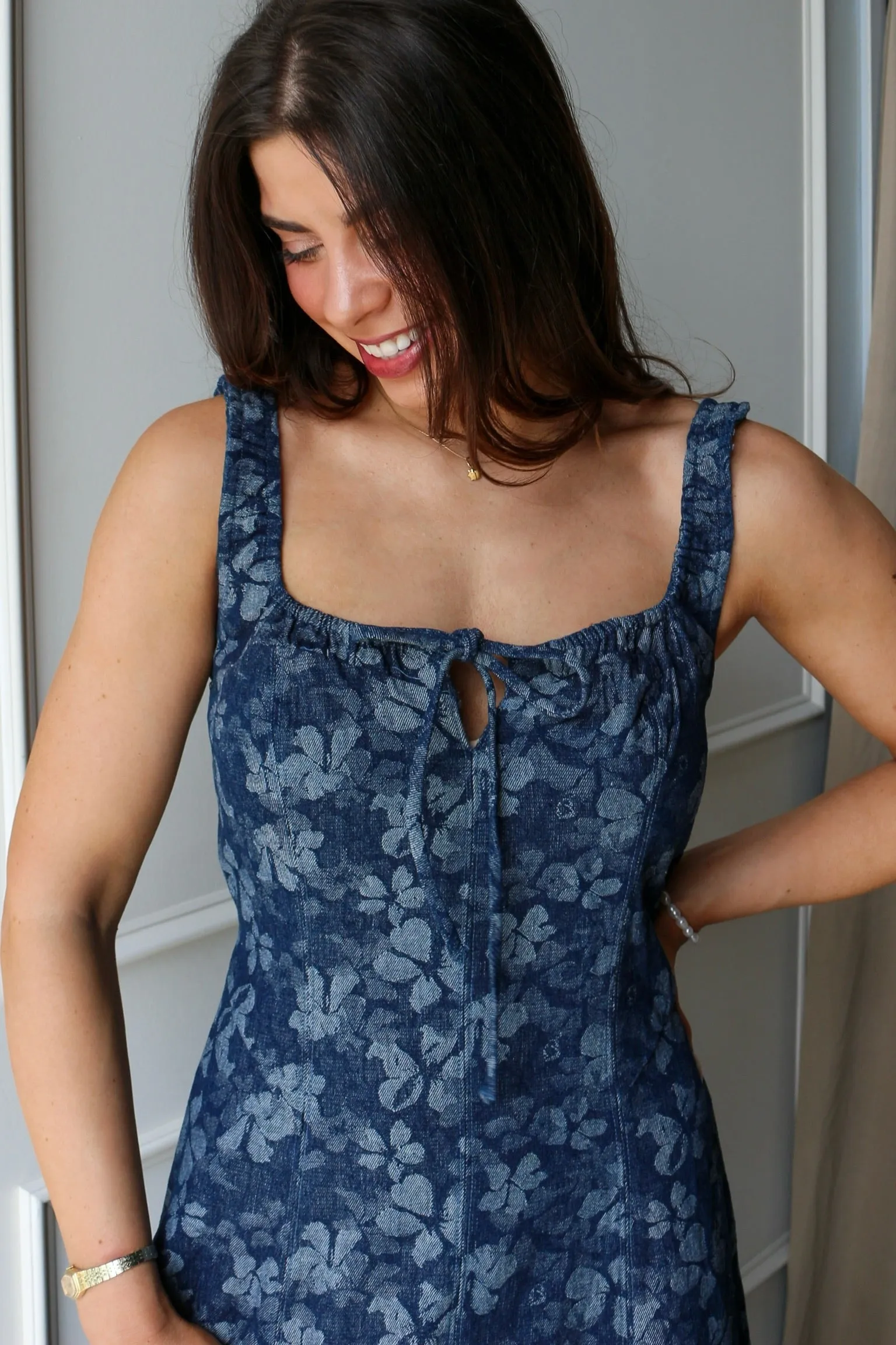Indigo Denim Jacquard Dress sold by Kins Collective