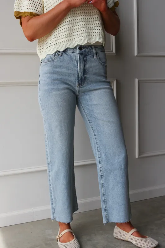 Aberdeen Ankle Crop High Rise Jean, Light Indigo Worn made by Kins Collective