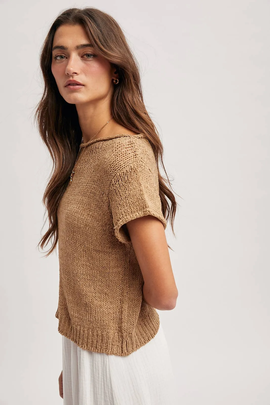 LIGHTWEIGHT SHORT SLEEVE SWEATER TOP / WL25-12302: MOCHA / S sold by Kins Collective product image thumbnail 3