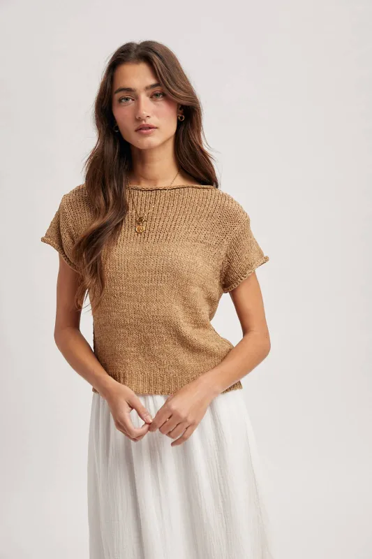 LIGHTWEIGHT SHORT SLEEVE SWEATER TOP / WL25-12302: MOCHA / S made by Wishlist