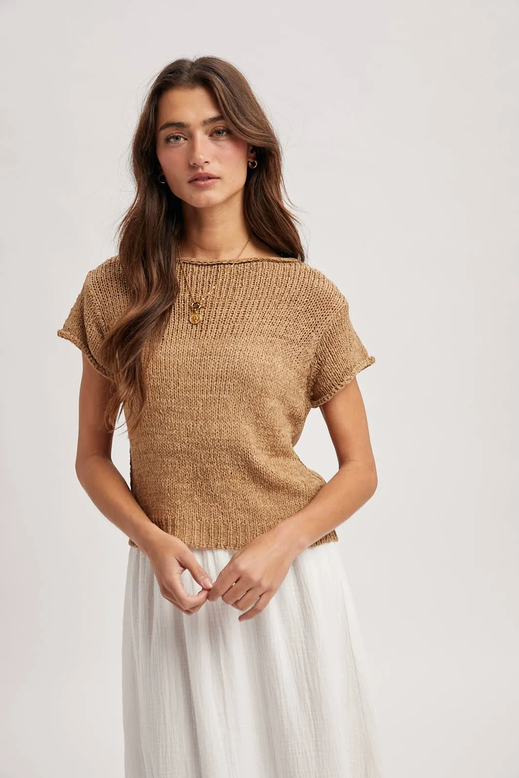 LIGHTWEIGHT SHORT SLEEVE SWEATER TOP / WL25-12302: MOCHA / S sold by Kins Collective