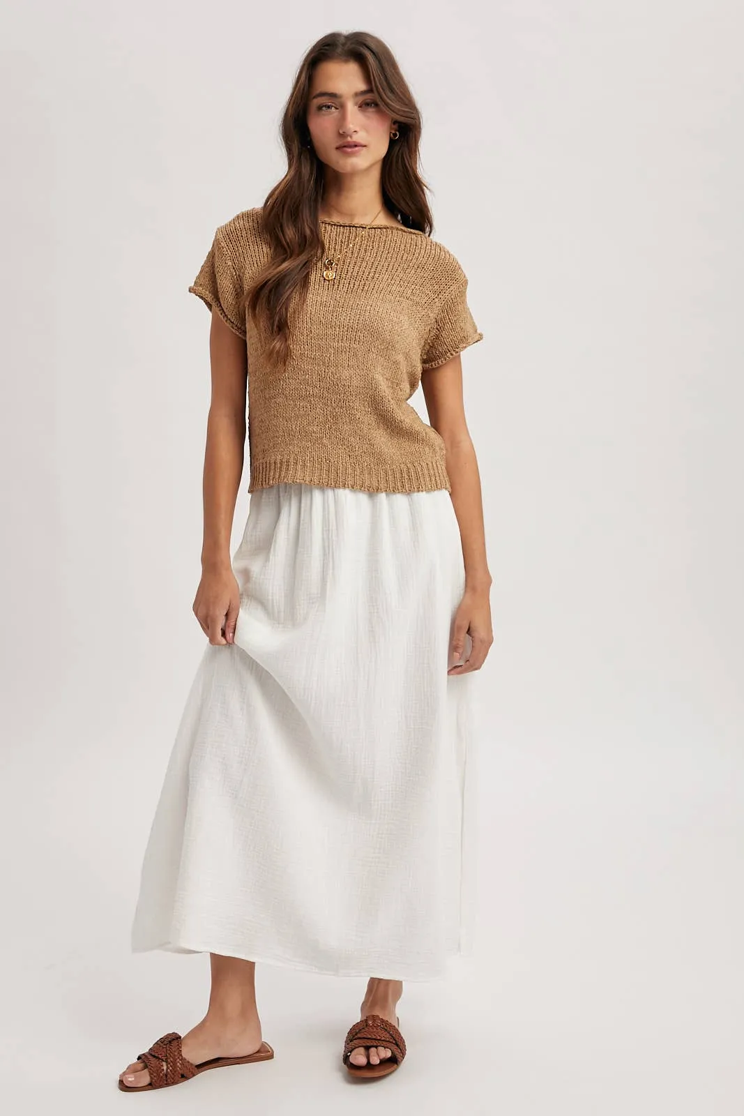 LIGHTWEIGHT SHORT SLEEVE SWEATER TOP / WL25-12302: MOCHA / S sold by Kins Collective product image thumbnail 2