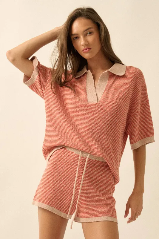 Striped Rib-Knit Collared Split-Neck made by Promesa