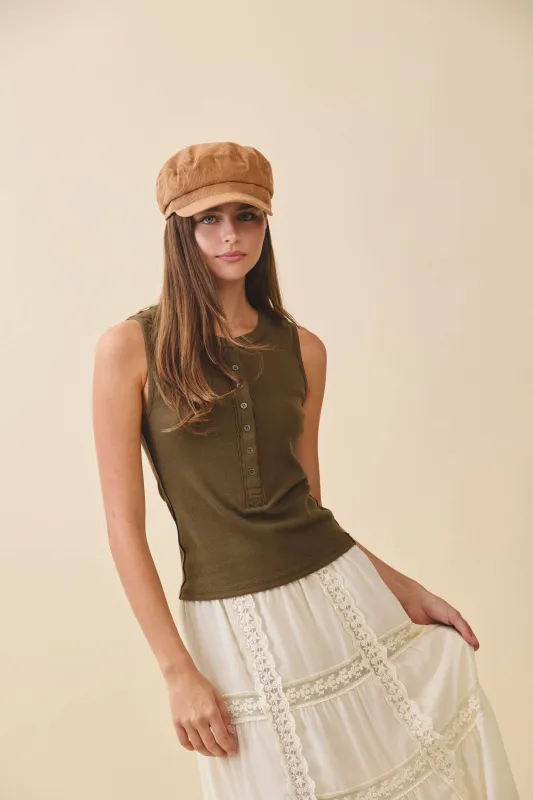 Ribbed Henley Tank Top Olive made by Kins Collective