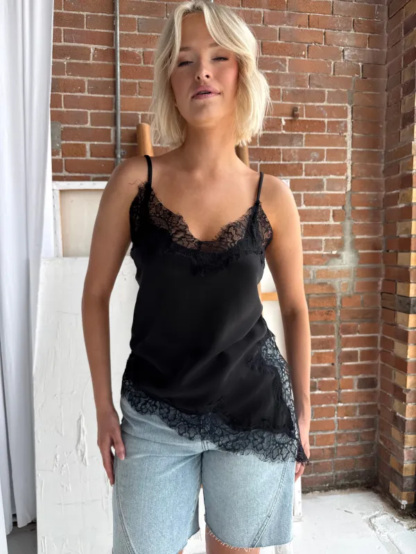 Asymmetrical Satin Cami Top With Lace Trim made by Lalavon