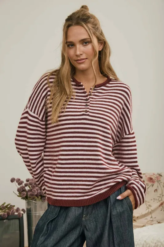 Sadie Stripe Roll Neck Henley made by Blu Pepper