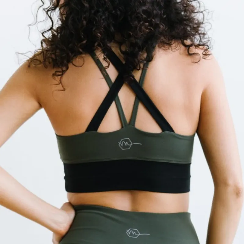 Criss Cross Sports Bra - Olive Green / Black | MT LUXE sold by Maven Thread