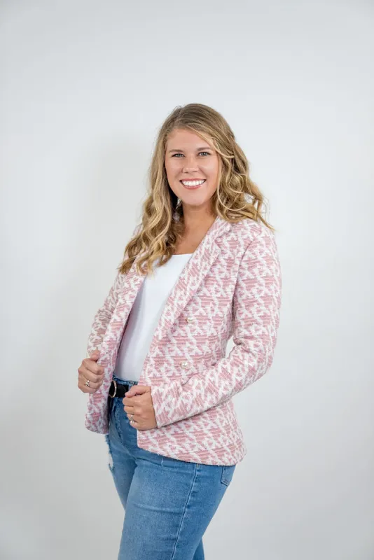 The "What? Like it's Hard" Pink Houndstooth PWR WMN Women's Blazer sold by PWR MWN