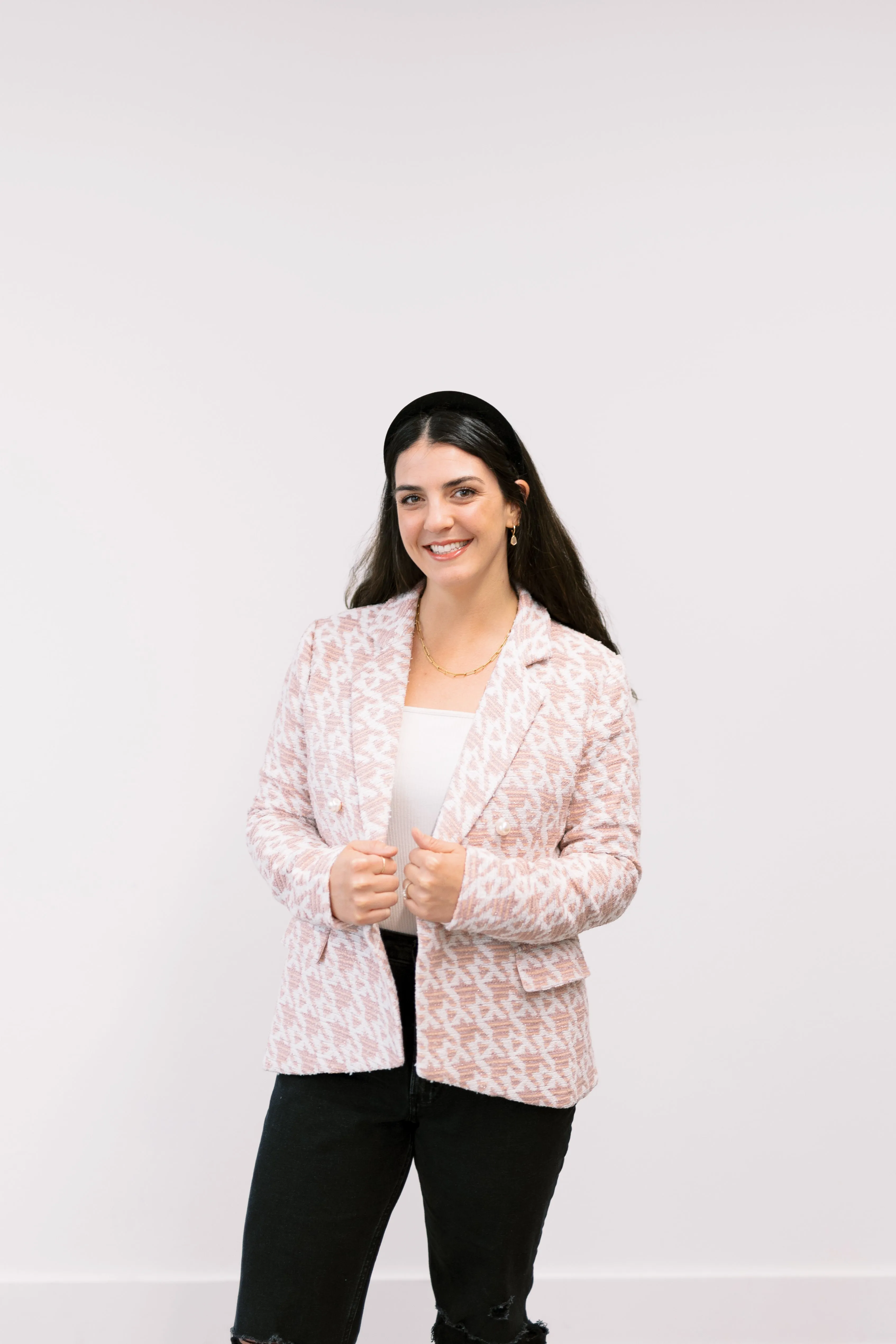 The "What? Like it's Hard" Pink Houndstooth PWR WMN Women's Blazer sold by PWR MWN product image thumbnail 3