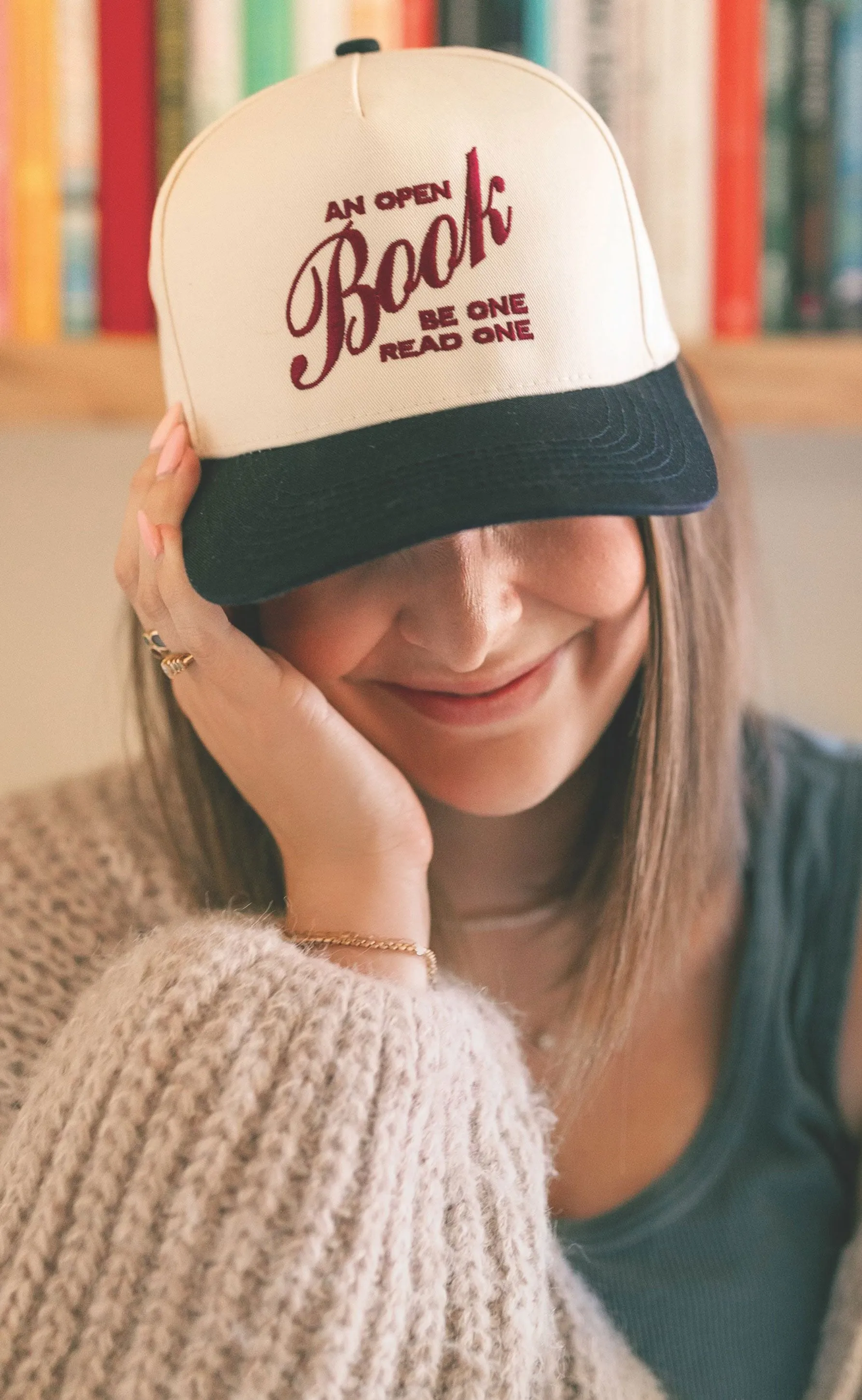 friday + saturday x jo johnson overby: open book trucker hat sold by RIFFRAFF