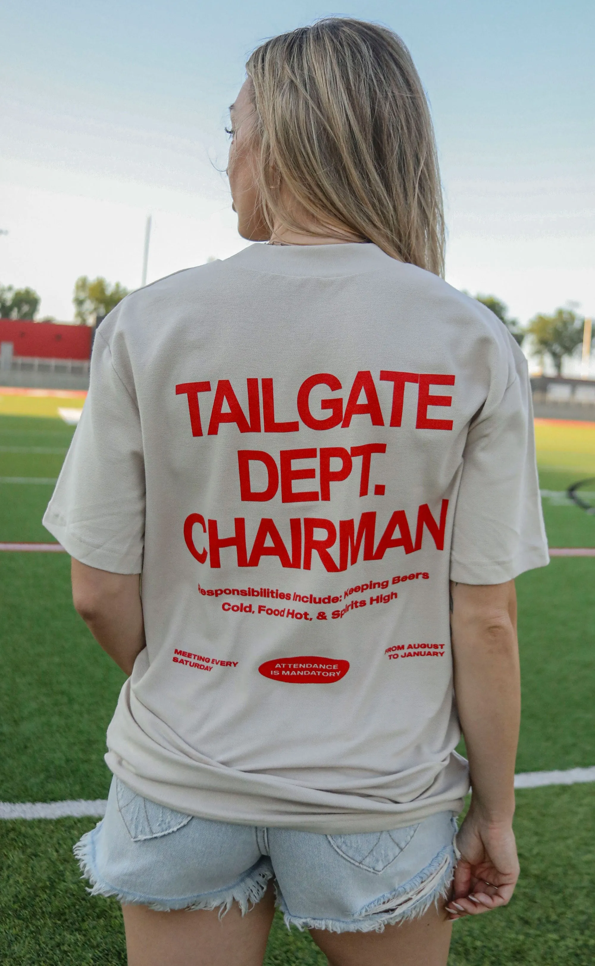 friday + saturday: tailgate department chairman t shirt sold by RIFFRAFF