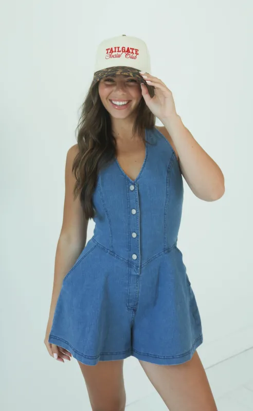 summer breeze halter neck denim romper sold by RIFFRAFF
