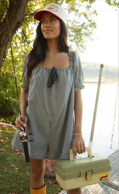 check please puff sleeve gingham romper - navy sold by RIFFRAFF