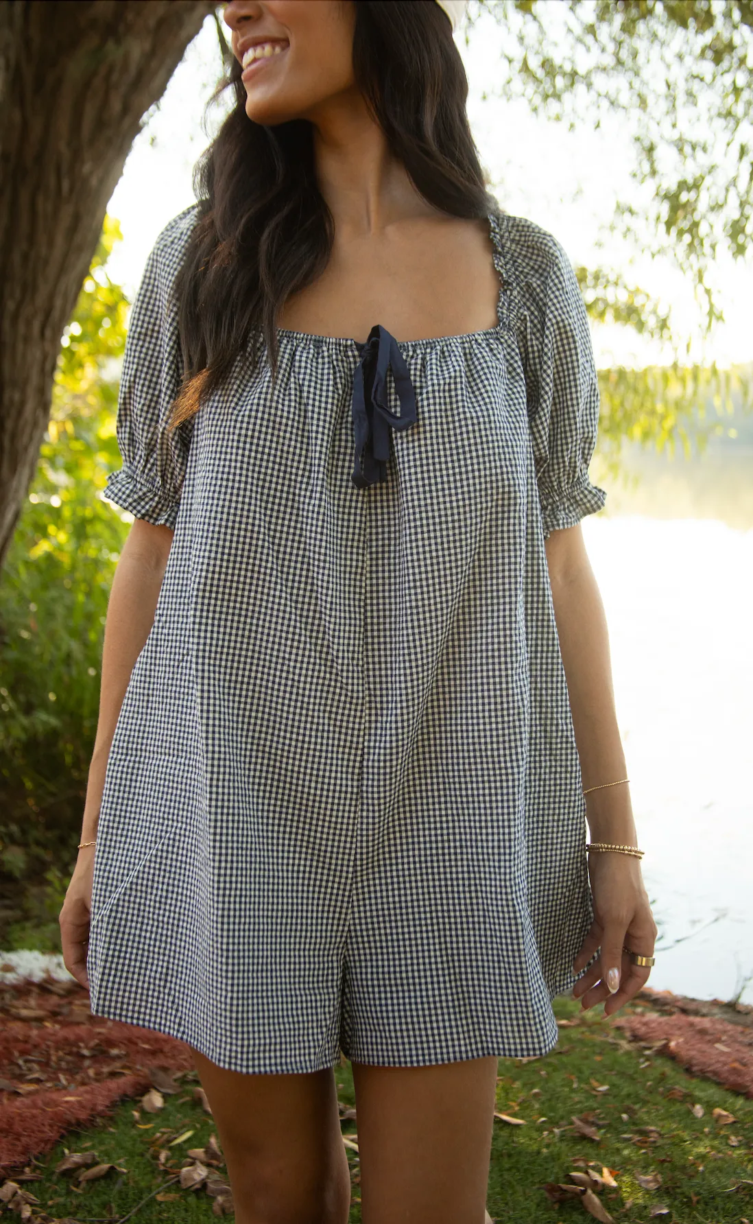 check please puff sleeve gingham romper - navy sold by RIFFRAFF product image thumbnail 2