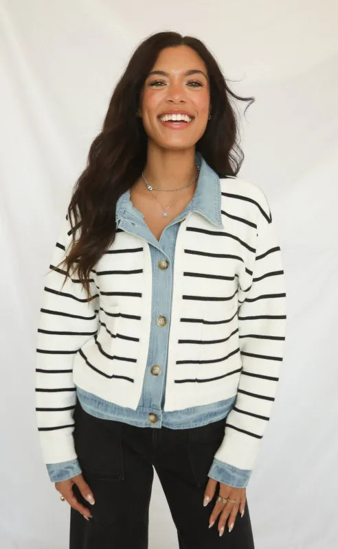 keep me honest knit and denim cardigan sold by RIFFRAFF