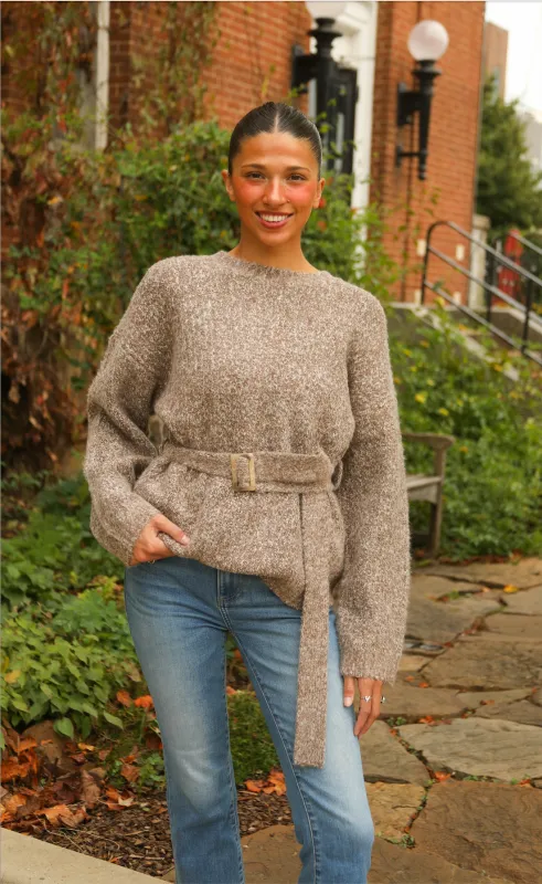 espresso belted sweater sold by RIFFRAFF