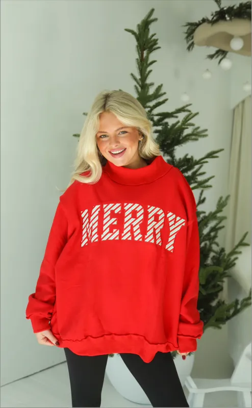 merry embroidered mock neck sweatshirt - red sold by RIFFRAFF