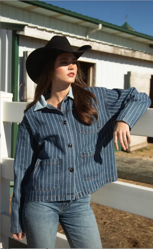 come on over striped denim jacket made by Sunday Edition