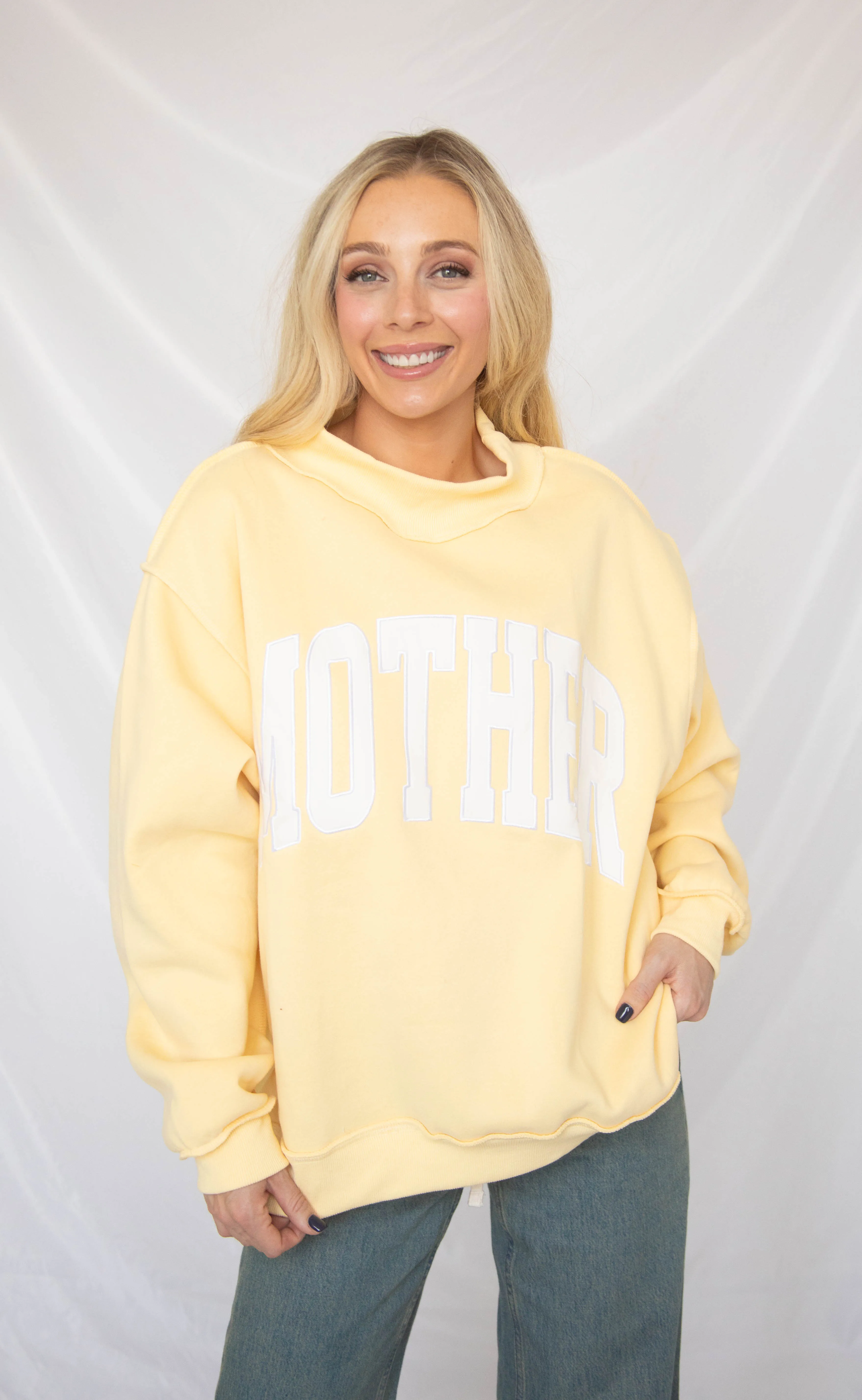 mother embroidered mock neck sweatshirt - butter yellow sold by RIFFRAFF