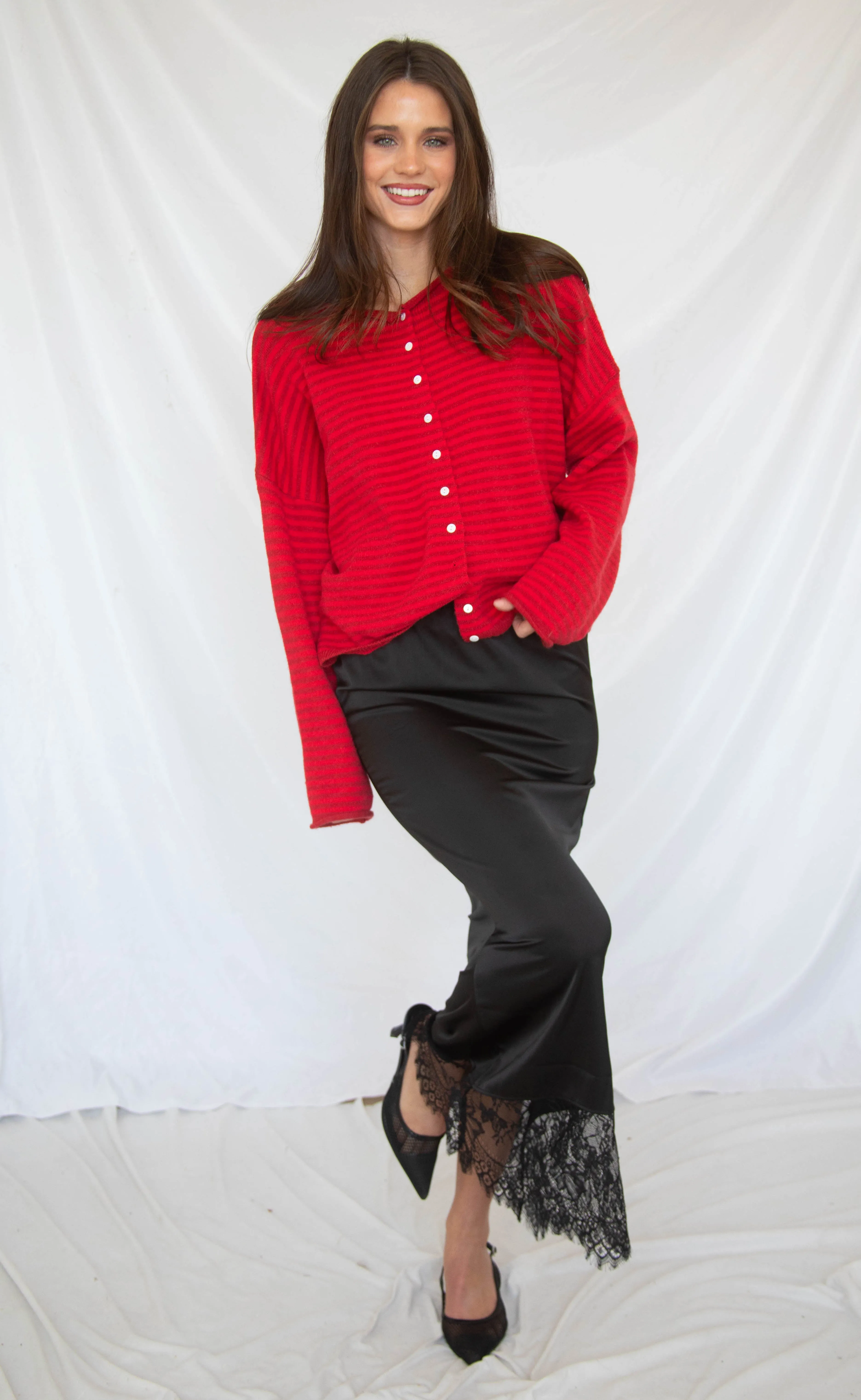 falling for you lace trim satin midi skirt sold by RIFFRAFF