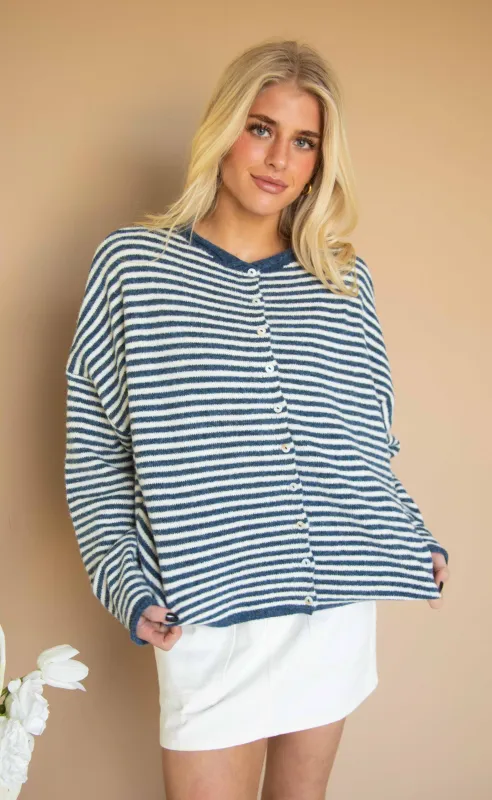 beat of your heart cardigan - denim stripe made by Things Between