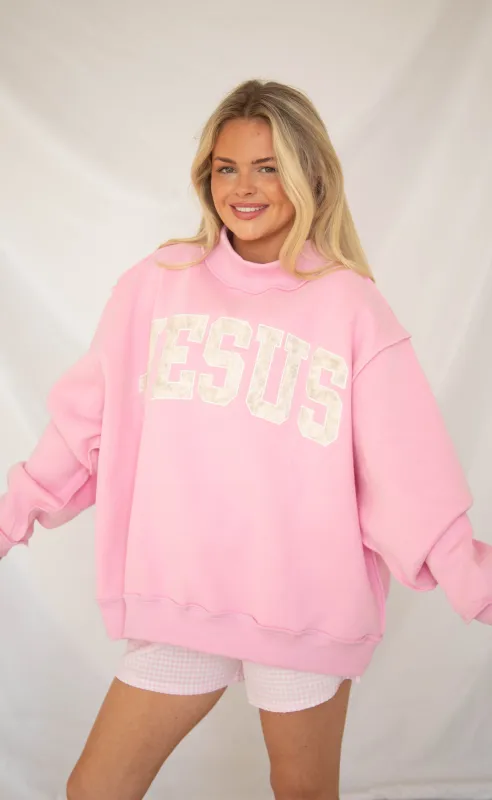 Jesus embroidered mock neck - pink made by RIFFRAFF