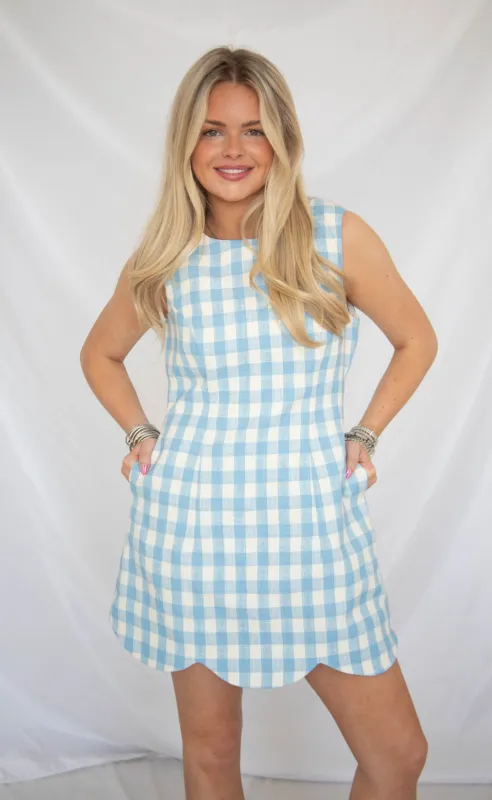 heritage gingham scallop hem mini dress - blue made by MABLE