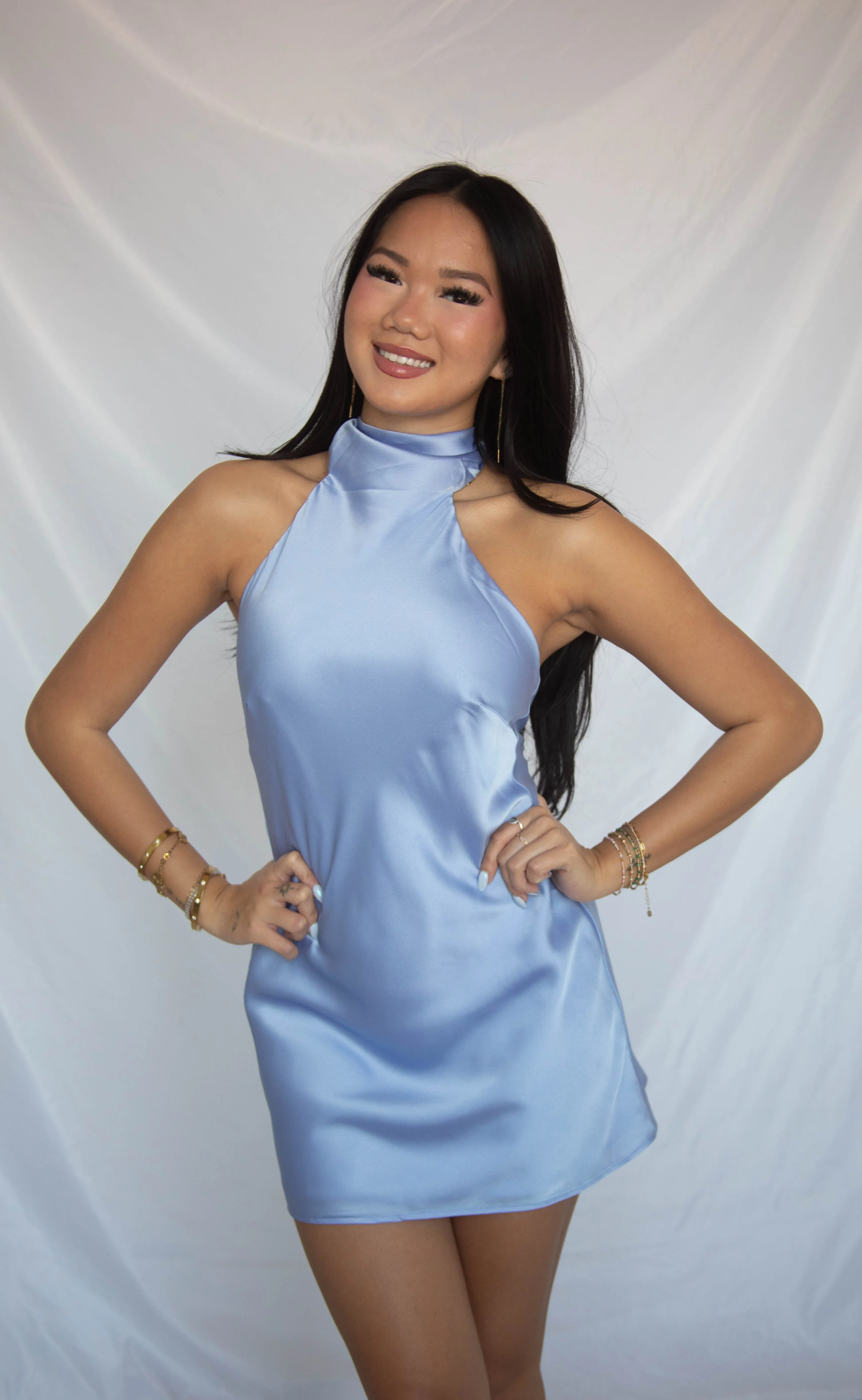 show me your mumu: lisa mini dress - borrowed blue luxe satin sold by RIFFRAFF