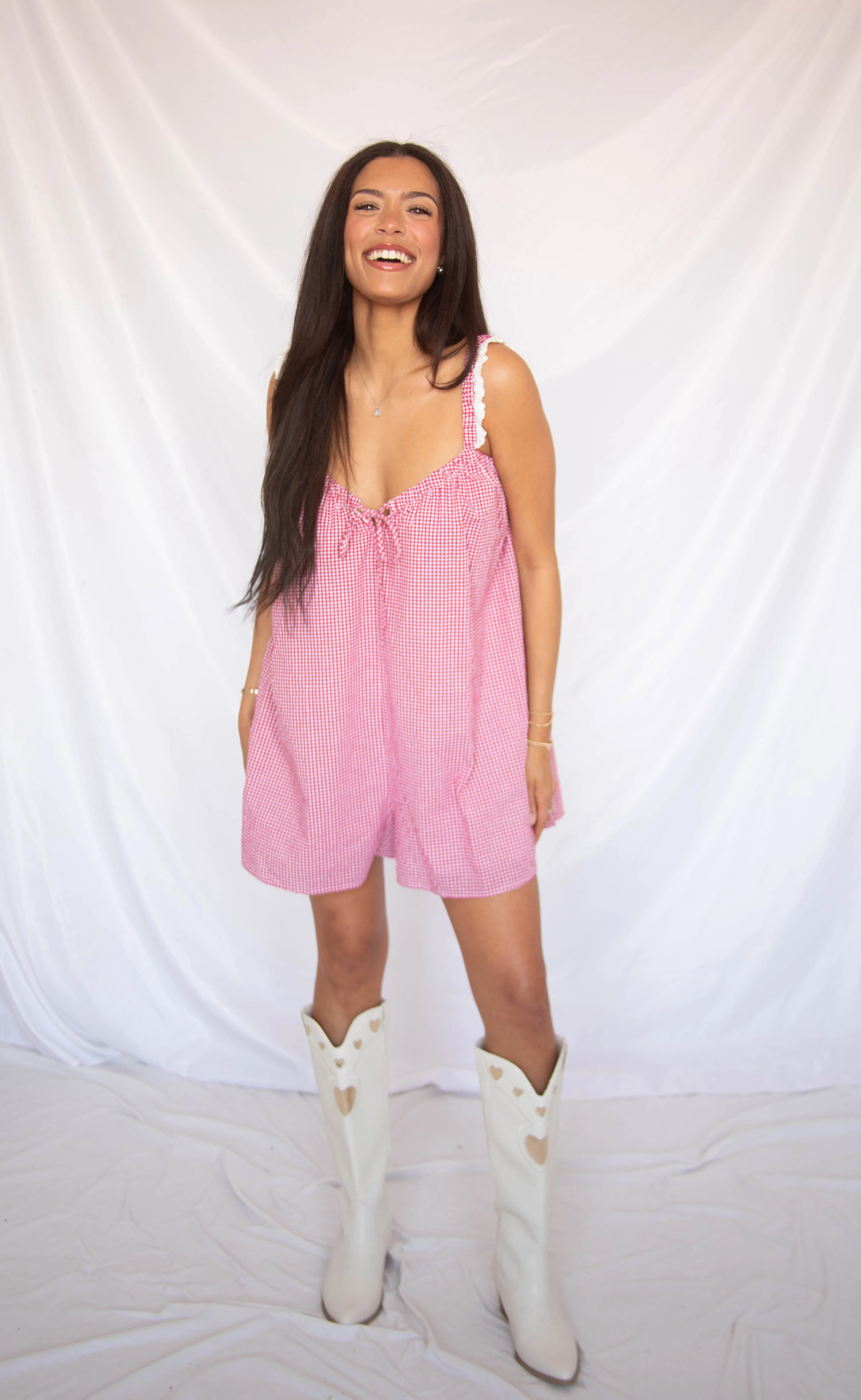 nothing on you gingham romper sold by RIFFRAFF