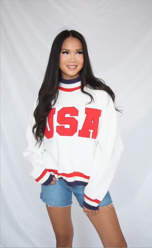 usa embroidered striped mockneck sweatshirt - white made by RIFFRAFF