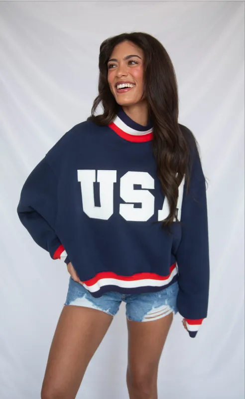 usa embroidered striped mockneck sweatshirt - navy made by RIFFRAFF