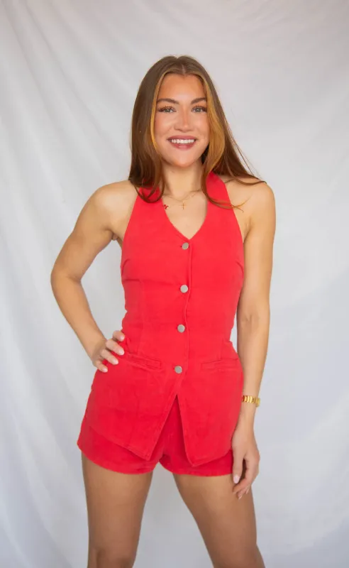 long drive home vest romper made by Le Lis